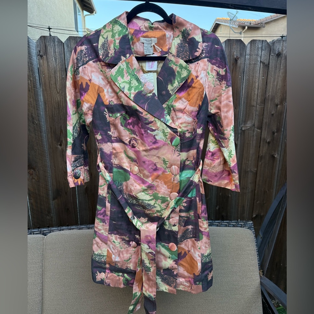 Vertigo Vibrant Artistic Trench Coat colorful double breasted size medium